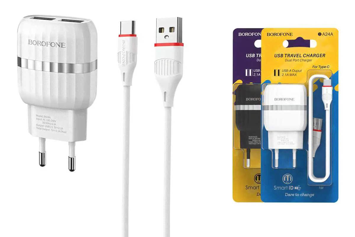 Сетевое зарядное устройство 2USB + кабель Type-C BOROFONE BA24A Vigor (белый)-0